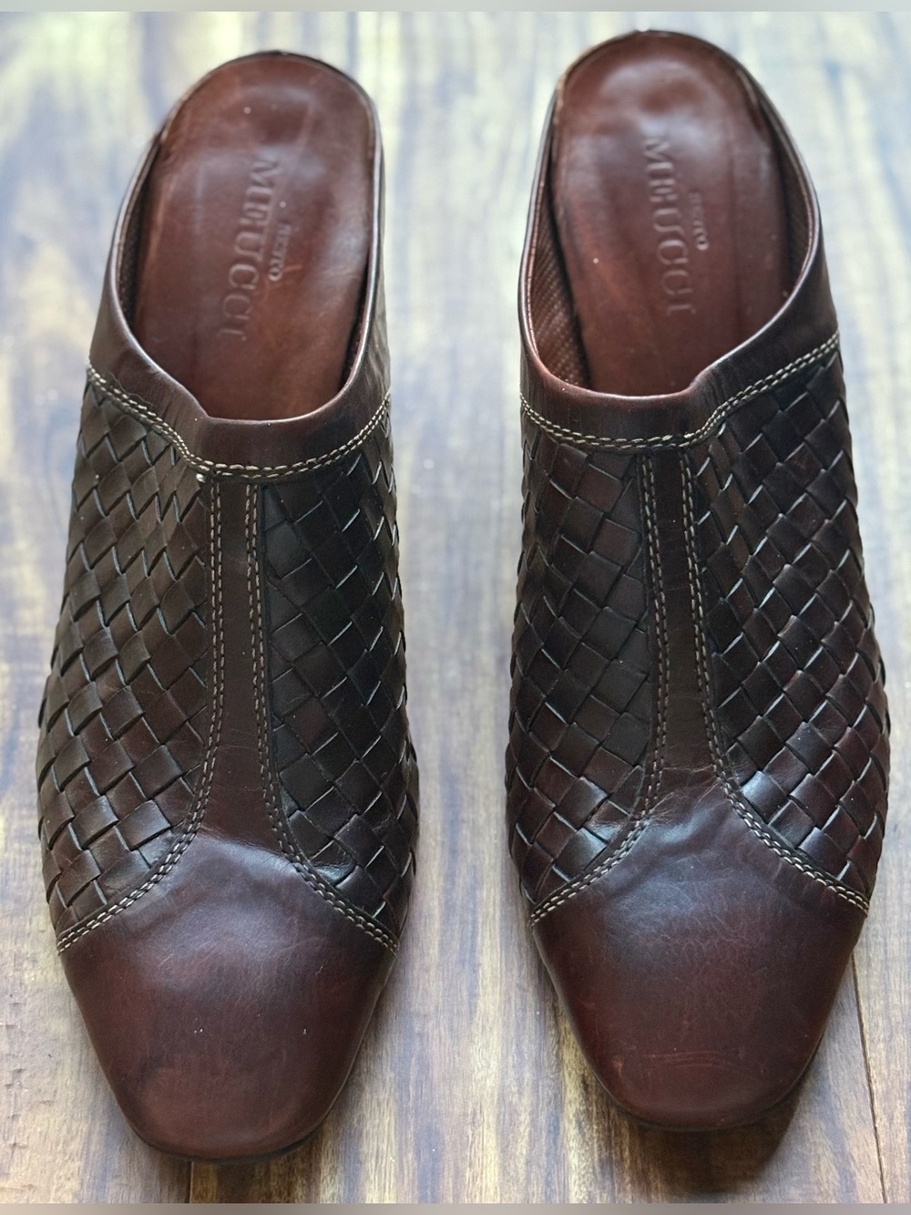 Sesto Meucci woven basketweave design Italian Leather Mules Womens 9.5
